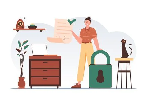Data protection concept. Smart contract. The man is holding a document. Tre.. Stock Illustration