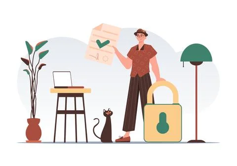Data protection concept. Smart contract. The man is holding a document. Mod.. Stock Illustration