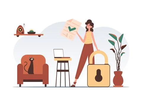 Data protection concept. Smart contract. The girl is holding a document. Mo.. イラスト素材