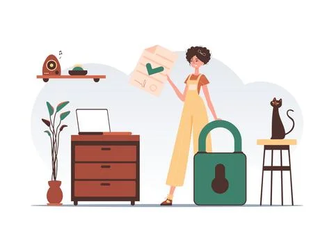 Data protection concept. Smart contract. The girl is holding a document. Tr.. Stock Illustration