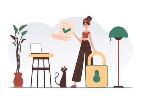 Data protection concept. Smart contract. The girl is holding a document. Mo.. 스톡 일러스트