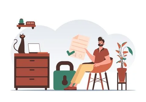 Data protection concept. Smart contract. A man sits in a chair and holds a .. Stock Illustration