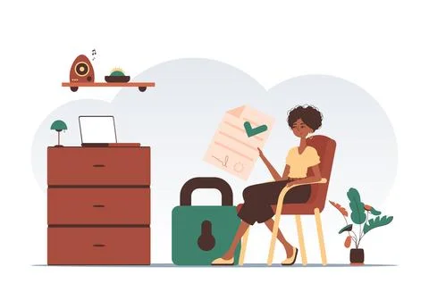 Data protection concept. Smart contract. A woman sits in a chair and holds .. Stock Illustration