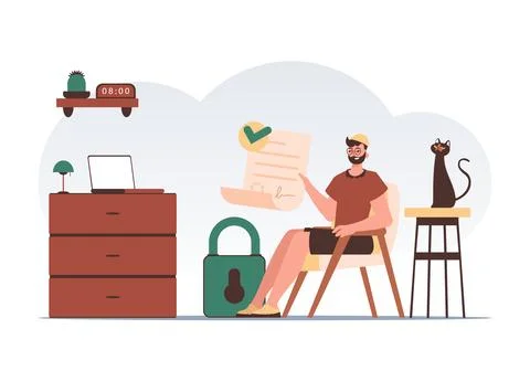 Data protection concept. Smart contract. A man sits in a chair and holds a .. Stock Illustration