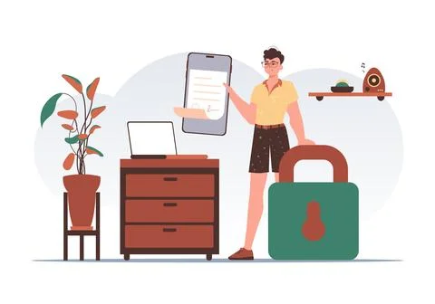 Data protection concept. Smart contract. A man is holding a contract or doc.. Illustrazione stock