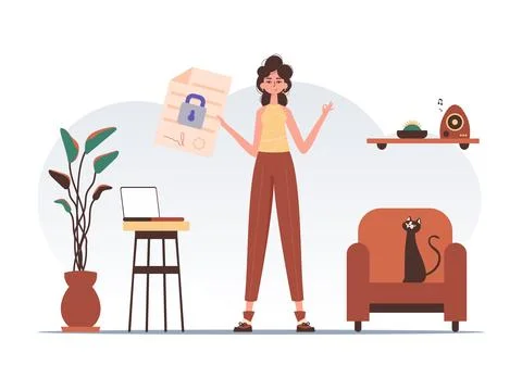 Data protection concept. Smart contract. The woman is holding a document. M.. Stock Illustration