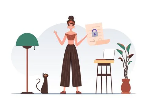 Data protection concept. Smart contract. The woman is holding a document. M.. Stock Illustration