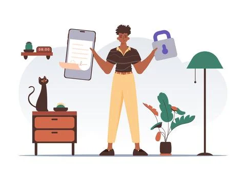 Data protection concept. Smart contract. A man is holding a contract or doc.. イラスト素材