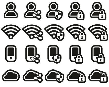 Data Protection &amp; Data Security Icons White On Black Sticker Set Big 스톡 일러스트