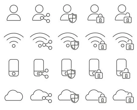 Data Protection &amp; Data Security Icons Black &amp; White Thin Line Set Big 库存插图