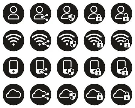 Data Protection &amp; Data Security Icons White On Black Flat Design Circle Set B Stockillustratie
