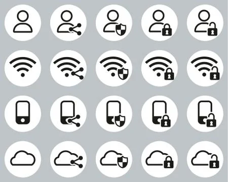 Data Protection &amp; Data Security Icons Black &amp; White Flat Design Circle Set Bi Stock Illustration