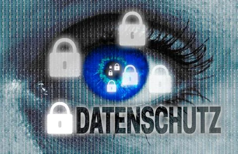 Data protection (in german datenschutz) eye looks at viewer concept Stockfoto's