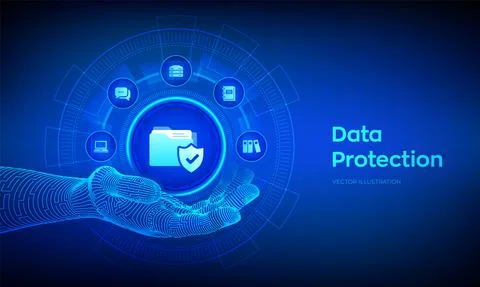 Data protection icon in robotic hand. Personal data security concept on virtu Illustrazione stock