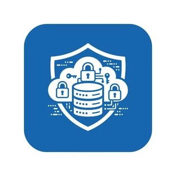 Data protection icon white shield server with lock key on blue background. Stock Illustration