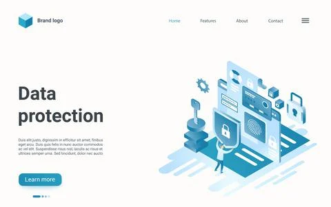 Data protection isometric landing page, internet technology to protect Stock Illustration