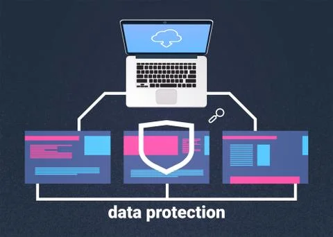 Data protection laptop computing center with hosting servers infographic Stock Illustration
