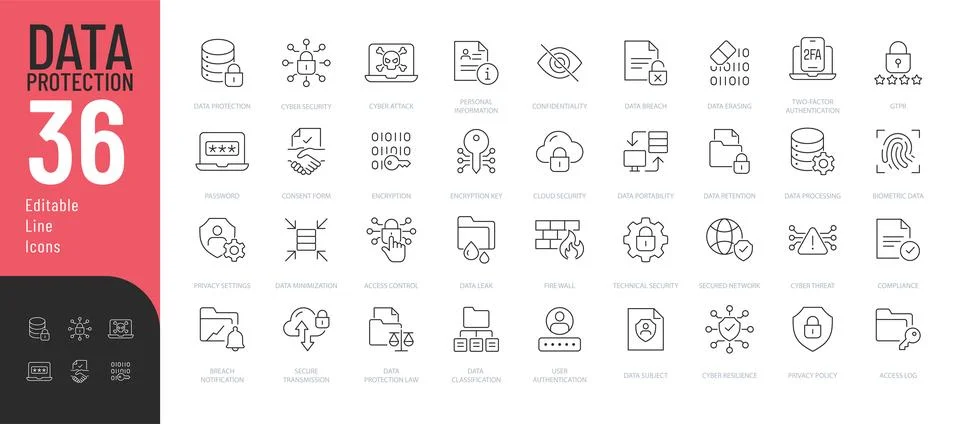 Data Protection line Editable Icons set. Stock Illustration