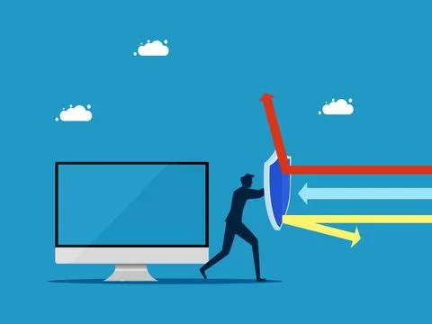 Data protection. man holding shield to protect computer イラスト素材