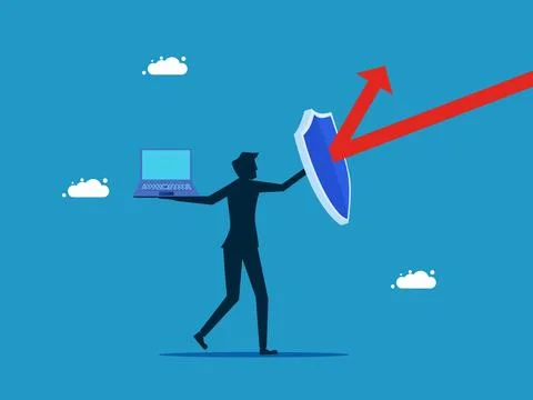 Data protection. man with shield protect laptop from arrow attack Stock Illustration