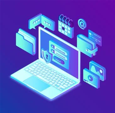 Data protection. Open laptop with authorization form on screen, personal data 스톡 일러스트