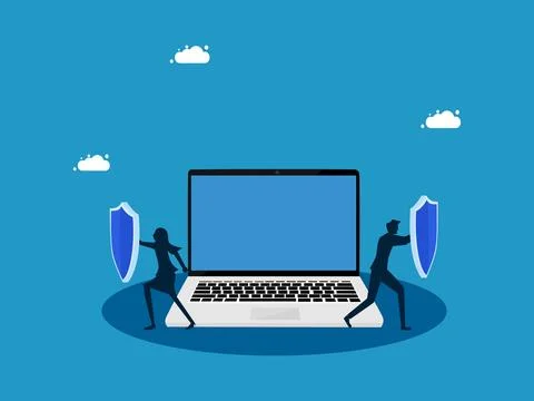 Data protection or encryption. Business man and woman holding shield to pro.. Stock Illustration