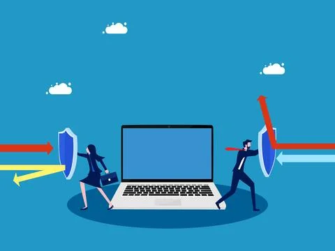 Data protection or encryption. Business man and woman holding shield to pro.. Stock Illustration