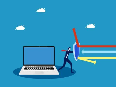 Data protection or encryption. Businessman holding shield to protect laptop Stock Illustration