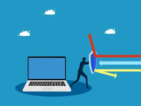 Data protection or encryption. man holding shield to protect laptop Stock Illustration