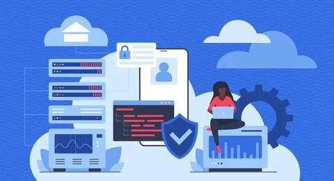 Data protection, privacy and cloud security, tiny character with cyber Stock Illustration