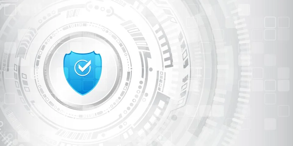 Data protection privacy concept. Shield icon and internet technology networki Illustrazione stock