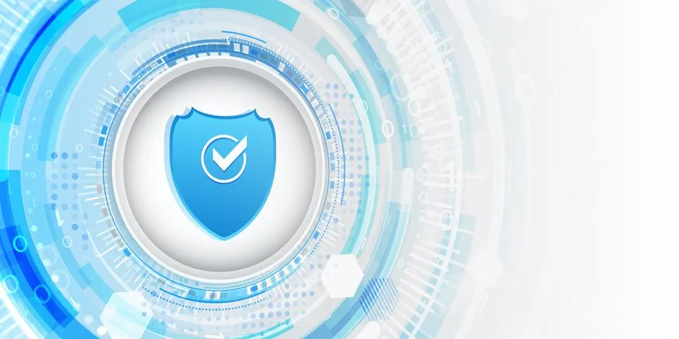 Data protection privacy concept. Shield icon and internet technology networki Illustrazione stock