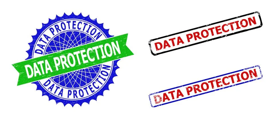 DATA PROTECTION Rosette and Rectangle Bicolor Stamps with Scratched Textures Stock Illustration