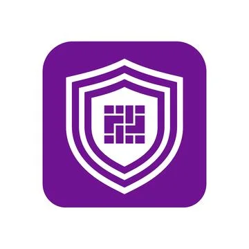 Data protection shield icon with purple background and central digital patter Stockillustratie