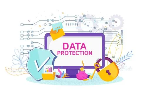 Data Protection Software. A computer under lock and security shield Stock Illustration
