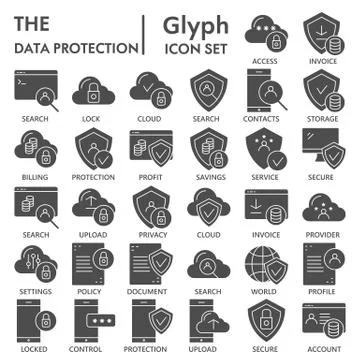 Data protection solid icon set, computer security symbols collection or sketches Illustrazione stock
