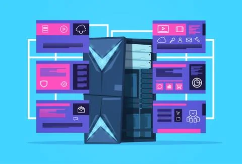 Data protection support computing center with hosting servers infographic Illustrazione stock