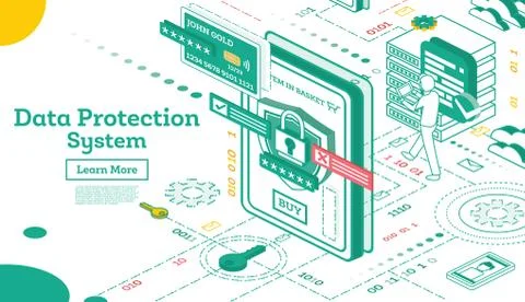 Data Protection System Isometric. Cyber Security and Privacy. Traffic Encrypt 스톡 일러스트