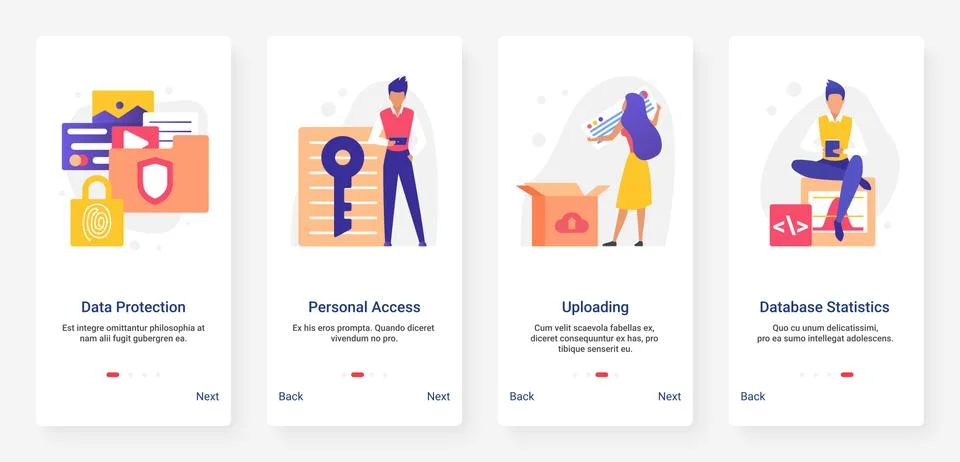 Data protection technology, database storage, uploading statistic mobile app set Stock Illustration