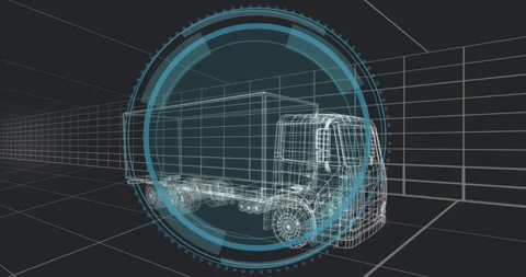 DATA PROTECTION text fading onto 3D wireframe truck while rotating rings Stock Footage 320214859
