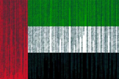 Data protection UAE flag. United Arab Emirates flag with binary code. Stockfoto's