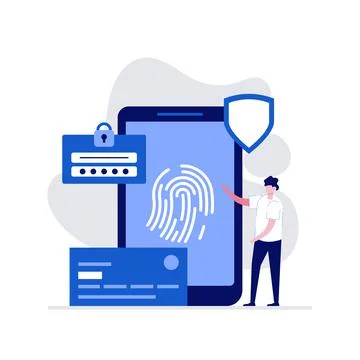 Data protection vector illustration concept with characters and fingerprint.  Stock Illustration