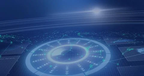 Data pulse activating central hologram circular interface rotating on dark blue Stockillustratie