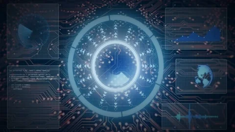 Data pulse activating central HUD, inner orb rotating and pulsing, panels Stock Footage 329122052