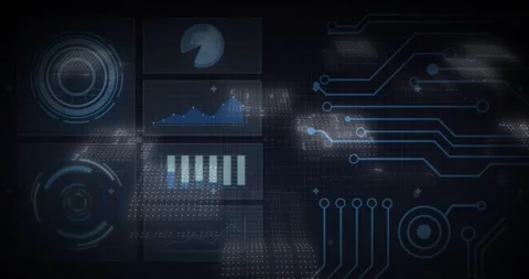 Data pulse activating dashboard HUD, panels brightening, matrix sweeping, Stock Footage 328656154