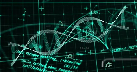 On data pulse arriving dotted DNA helix undulating and rotating, showing Stock Footage 328485910