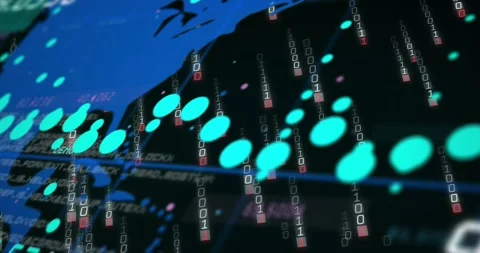 On data pulse blue continent map responding streaming binary cascades at teal Stock Footage 330192001