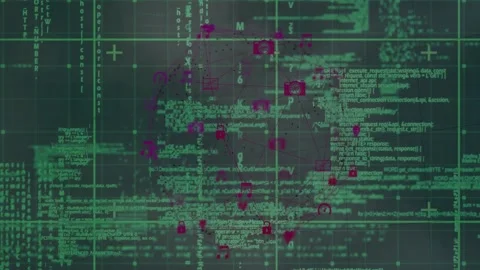 On data pulse central cluster growing, magenta icons linking, code blocks Stock Footage 333789752