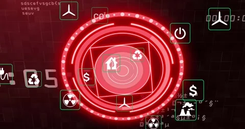 On data pulse, central red HUD pulsing, polygon rotating, icon tiles Stock Footage 321799660