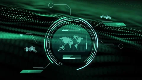 On data pulse circular HUD rotating, drawing jagged chart, updating readouts to Stock Footage 335761714